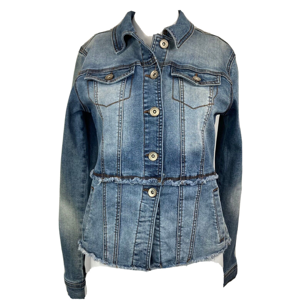 NWT Tribal Denim Jacket Womens Sz XS Blue Cotton Stretch Pocket Frayed Jean